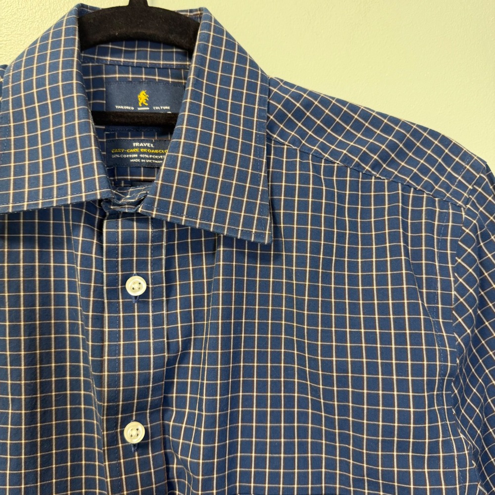 Stafford Men's Travel Easy Care Navy Gold Checked Button Up Business Shirt 14.5